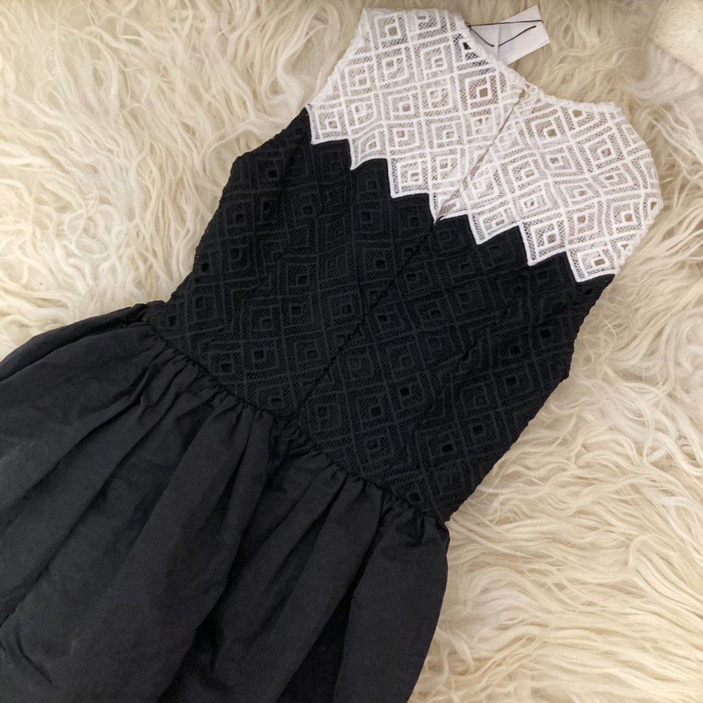 SANDRO Black & White Sleeveless Crochet Fit & Flare Dress - Picture 15 of 15